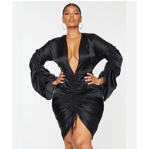 Pretty Little Thing Dresses & Skirts - Plus Black Satin Plunge Ruched Dress